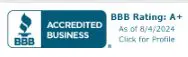 BBB Accredited Business logo with an A+ rating, dated as of 8/4/2024.