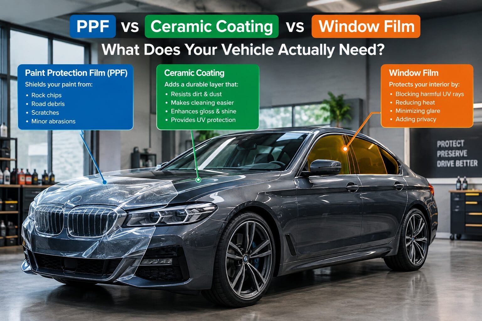PPF vs Ceramic Coating vs Window Film PPF vs Ceramic Coating vs Window Film